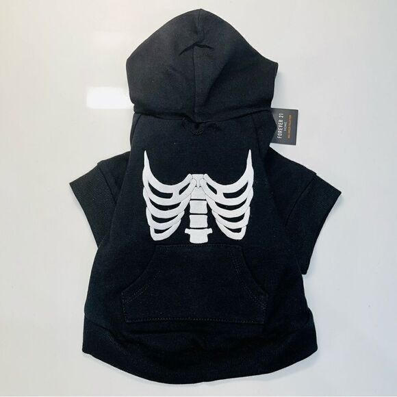 Forever 21 Skeleton Graphic Black Small Dog Hoodie Size M/L Skull Sweatshirt - Picture 2 of 11